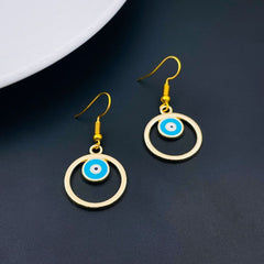 Round Evil Eye Light Blue Enamel Gold Drop Dangler Earring Pair For Women
