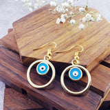 Round Evil Eye Light Blue Enamel Gold Drop Dangler Earring Pair For Women