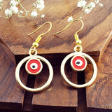 Round Evil Eye Red Enamel Gold Drop Dangler Earring Pair For Women
