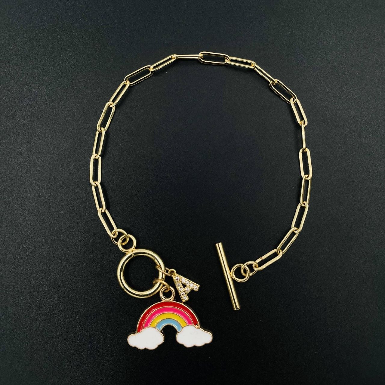 Copper Pink Red Gold Alphabet Initial Customized Letter Rainbow Charms Chain Link Bracelet For Women Girls