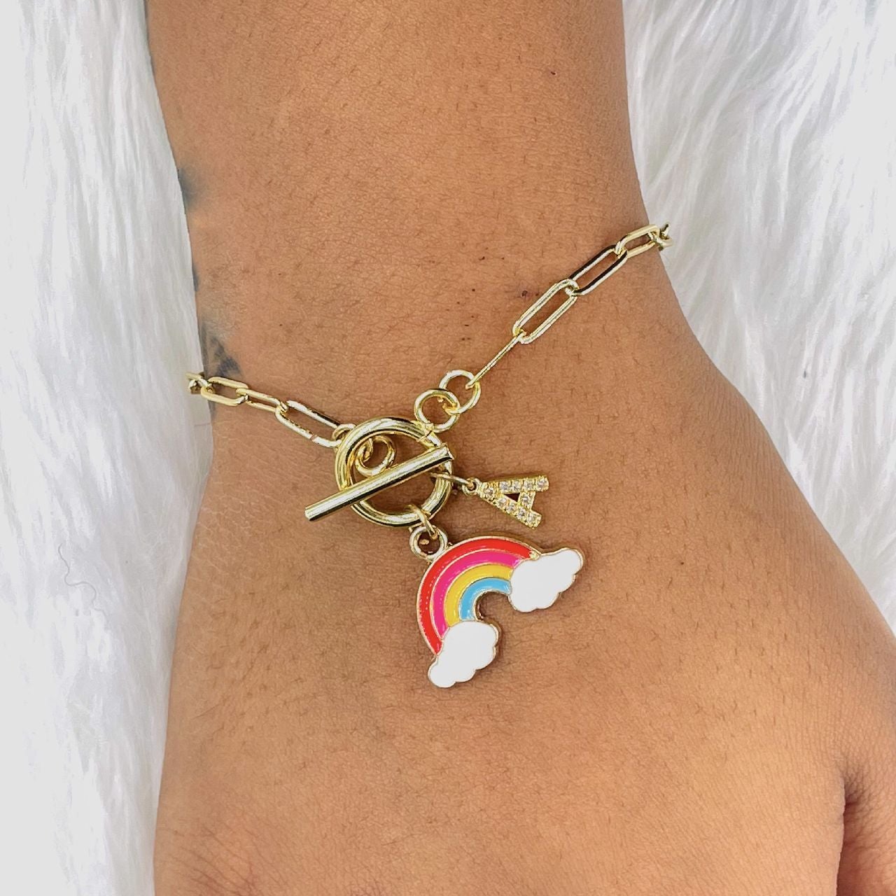 Copper Pink Red Gold Alphabet Initial Customized Letter Rainbow Charms Chain Link Bracelet For Women Girls