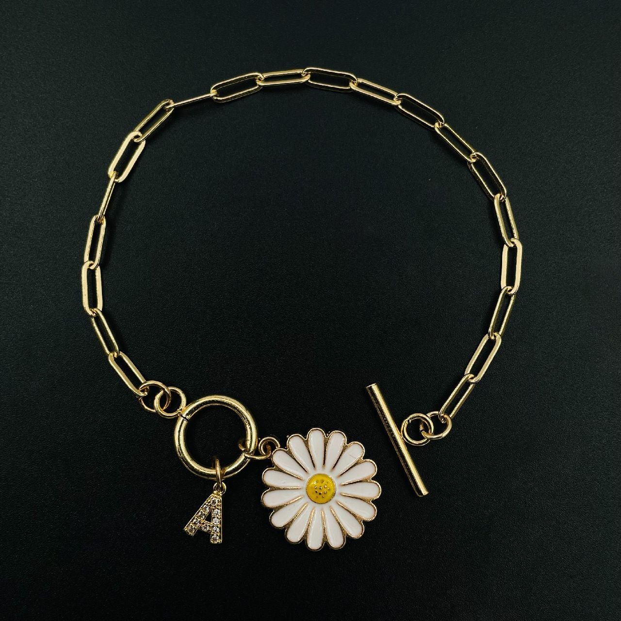 Copper White Yellow Gold Alphabet Initial Customized Letter Fun Daisy Flower Charms Chain Link Bracelet For Women Girls
