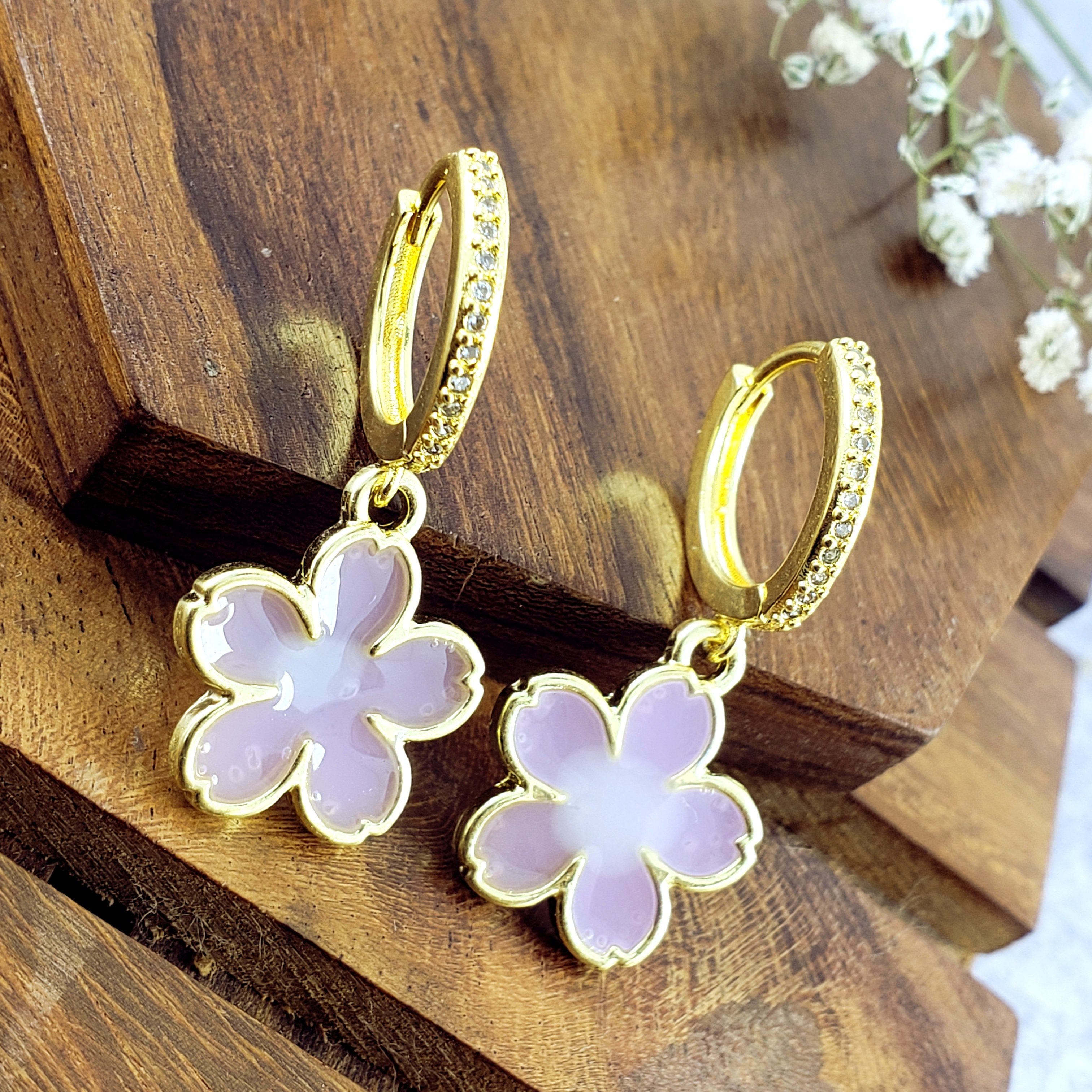 Flower Pink Gold Drop Earring Pair For Women