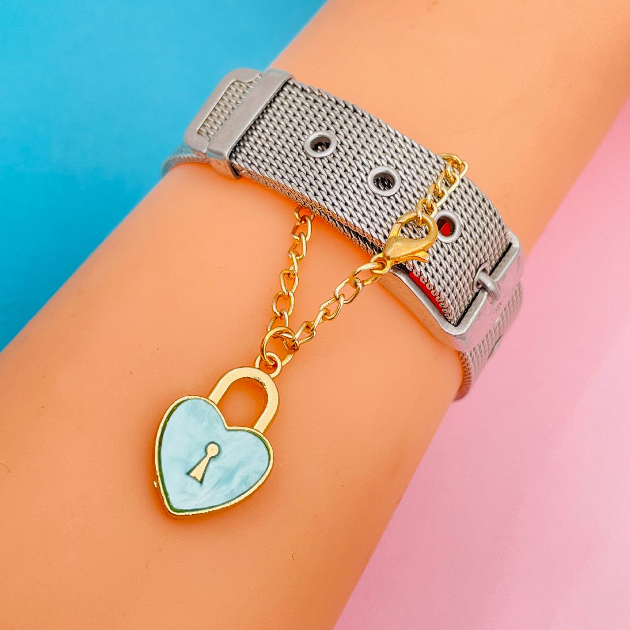 Alloy Gold Heart lock Watch charm For Women Blue