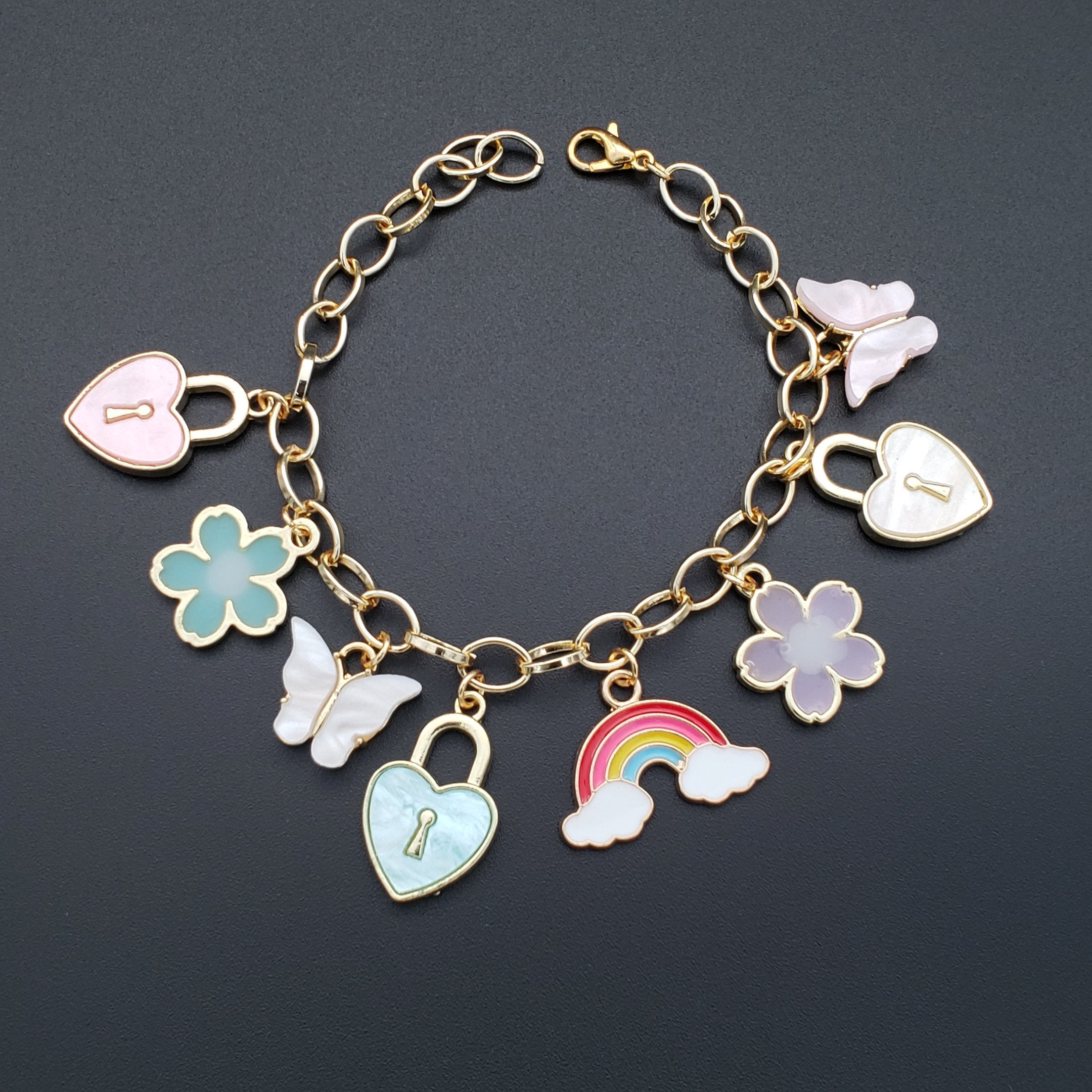 Rainbow Heart Flower Butterfly Gold Copper Customized Bracelet For Women