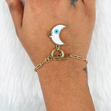 Copper White Blue Gold Enamel Moon Evil Eye Charms Chain Link Bracelet For Women Girls