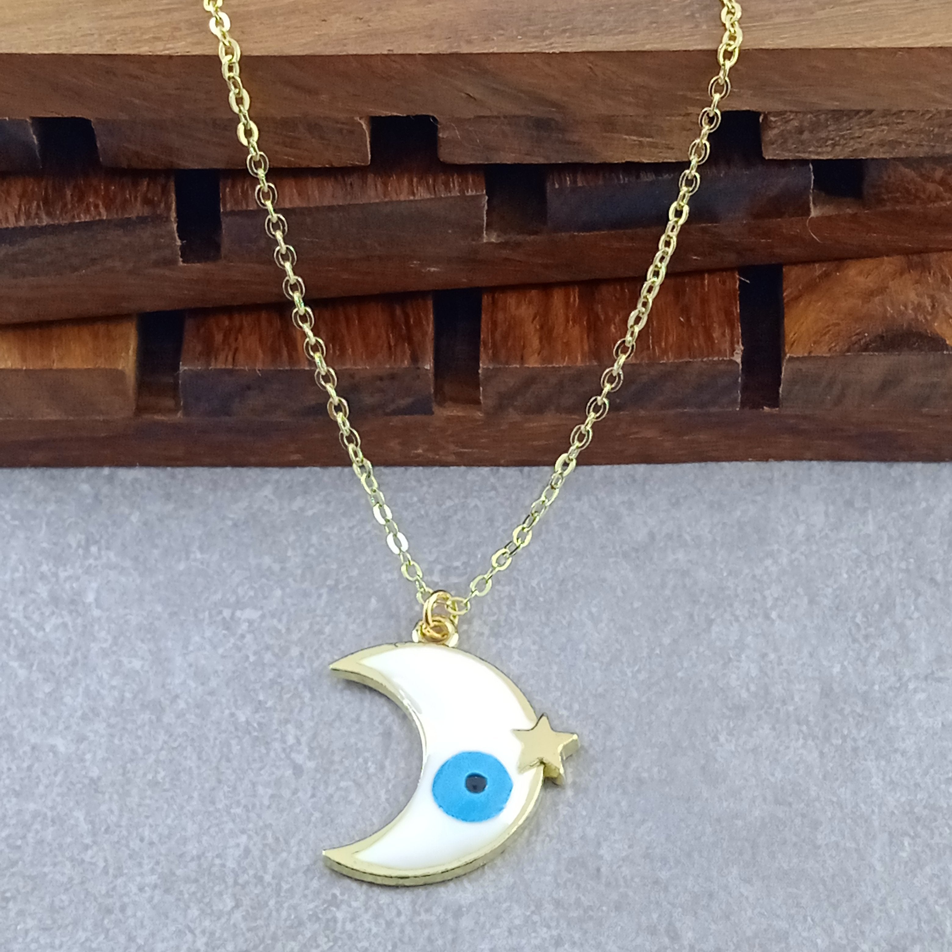 Moon Star Evil Eye White Gold Enamel Pendant Chain For Women