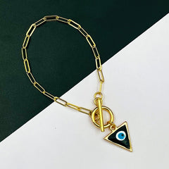 Copper Black Blue Gold Enamel Triangle Evil Eye Charms Chain Link Bracelet For Women Girls