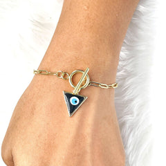Copper Black Blue Gold Enamel Triangle Evil Eye Charms Chain Link Bracelet For Women Girls