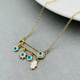 Safety Pin Evil Eye Hamsa Gold White Copper American Diamond Enamel Necklace Pendant Chain For Women