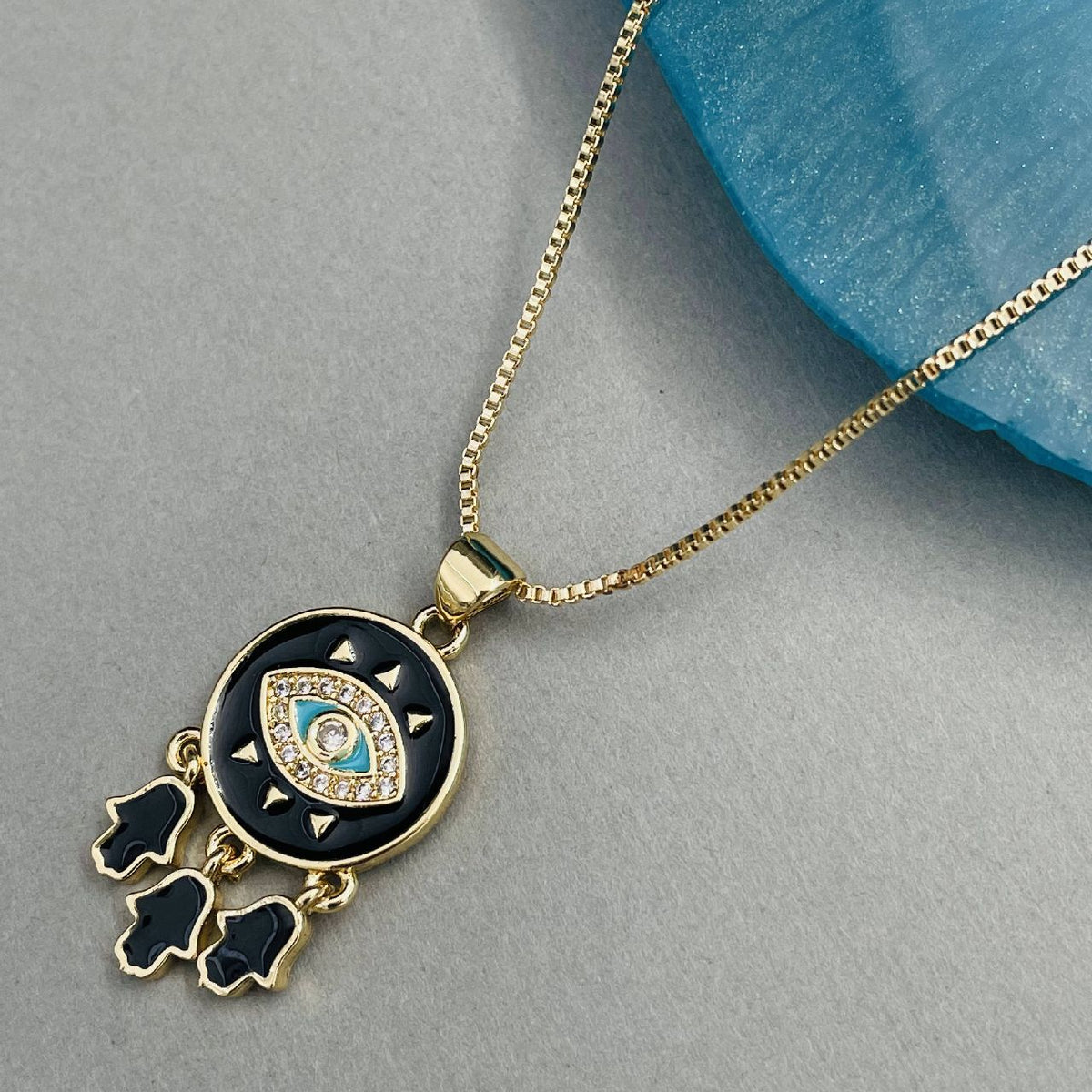 Copper With American Diamonds Enamel Black Gold Gold Evil Eye Pendant For Women Girls