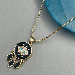 Copper With American Diamonds Enamel Black Gold Gold Evil Eye Pendant For Women Girls