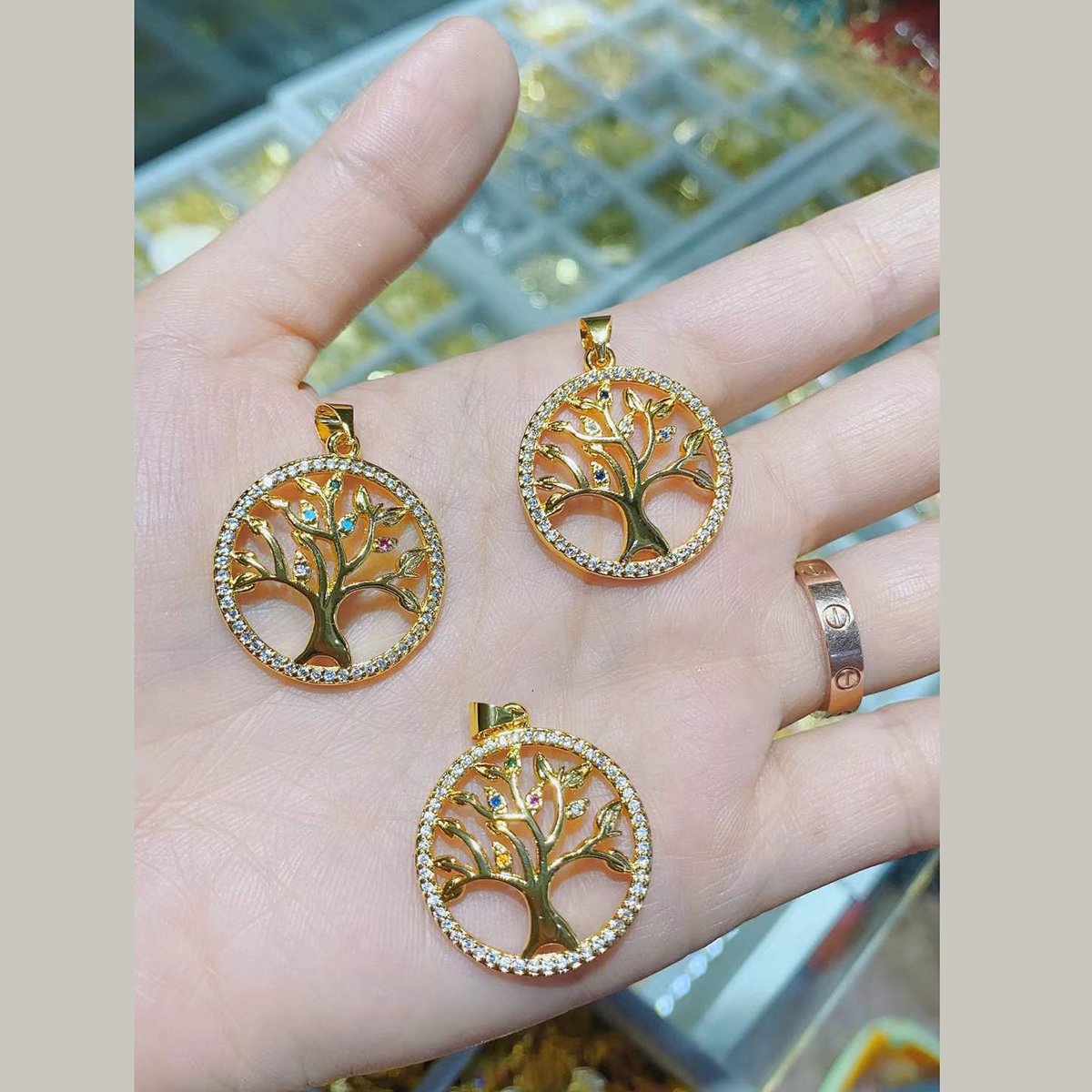 Tree Round Gold American Diamond Pendant For Women