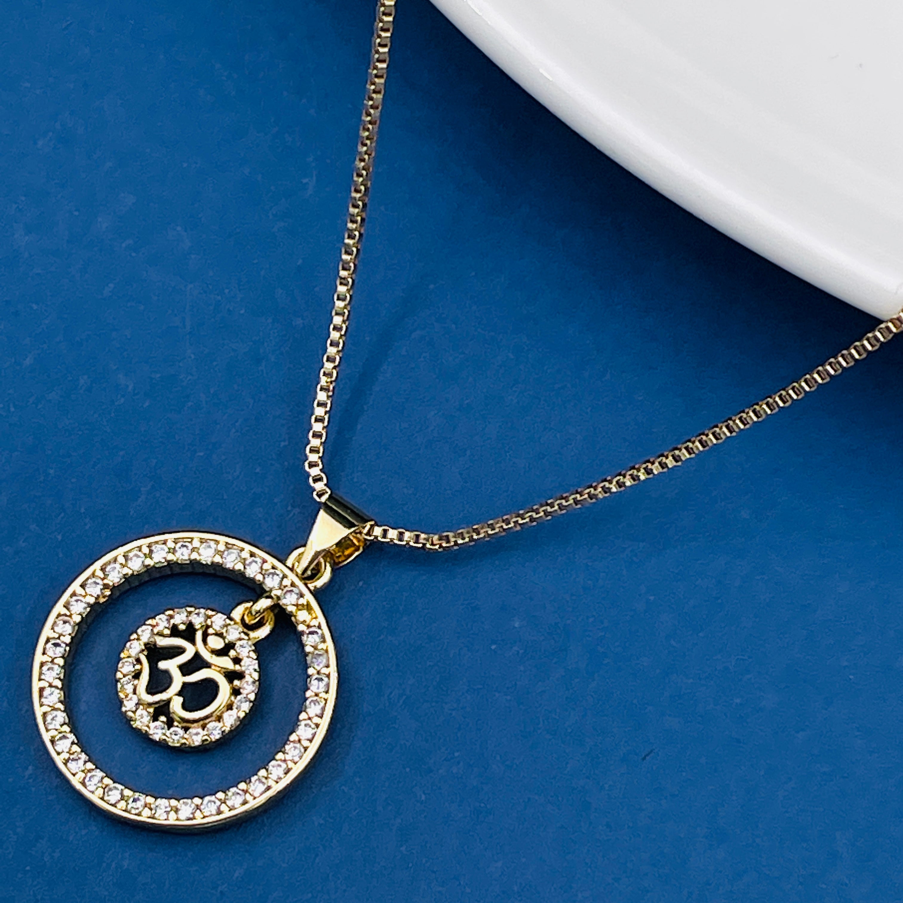 Aum Om Gold Copper American Diamond Pendant Chain For Women
