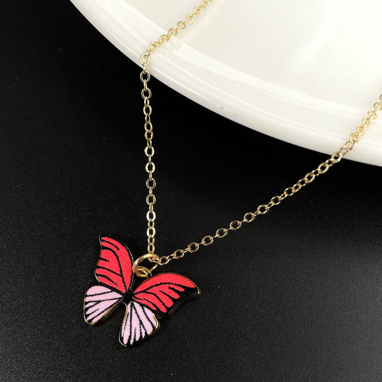 Brass With Red Pink Gold Butterfly Pendant For Women Girls