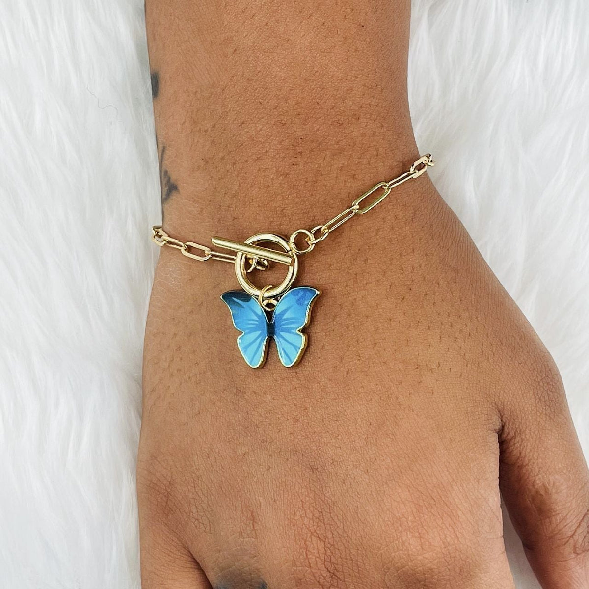 Copper American Diamonds Gold Blue Butterfly Charms Chain Link Bracelet For Women Girls