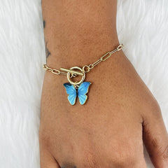 Copper American Diamonds Gold Blue Butterfly Charms Chain Link Bracelet For Women Girls