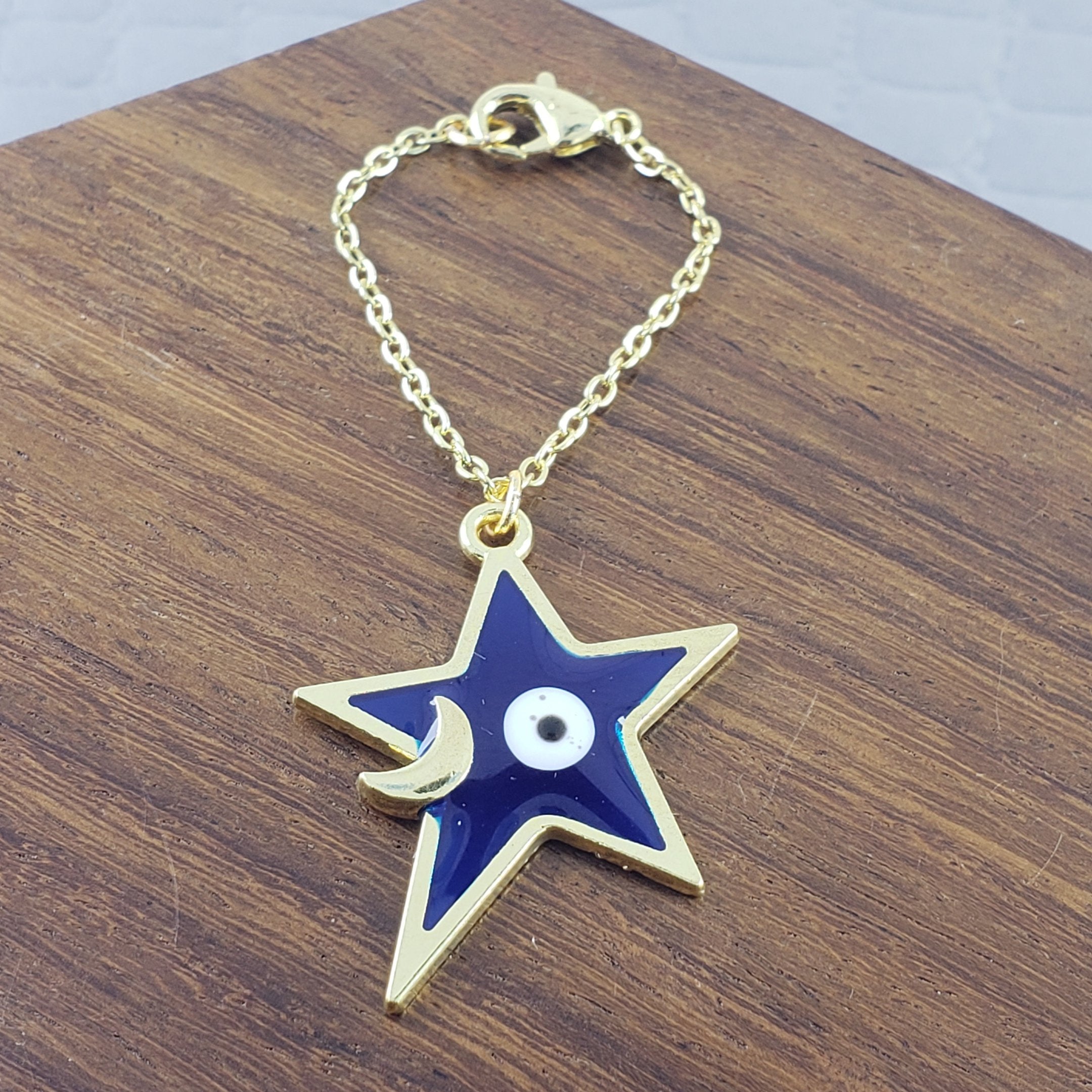 Evil Eye Star Moon Enamel Blue Gold Watch Charm For Women