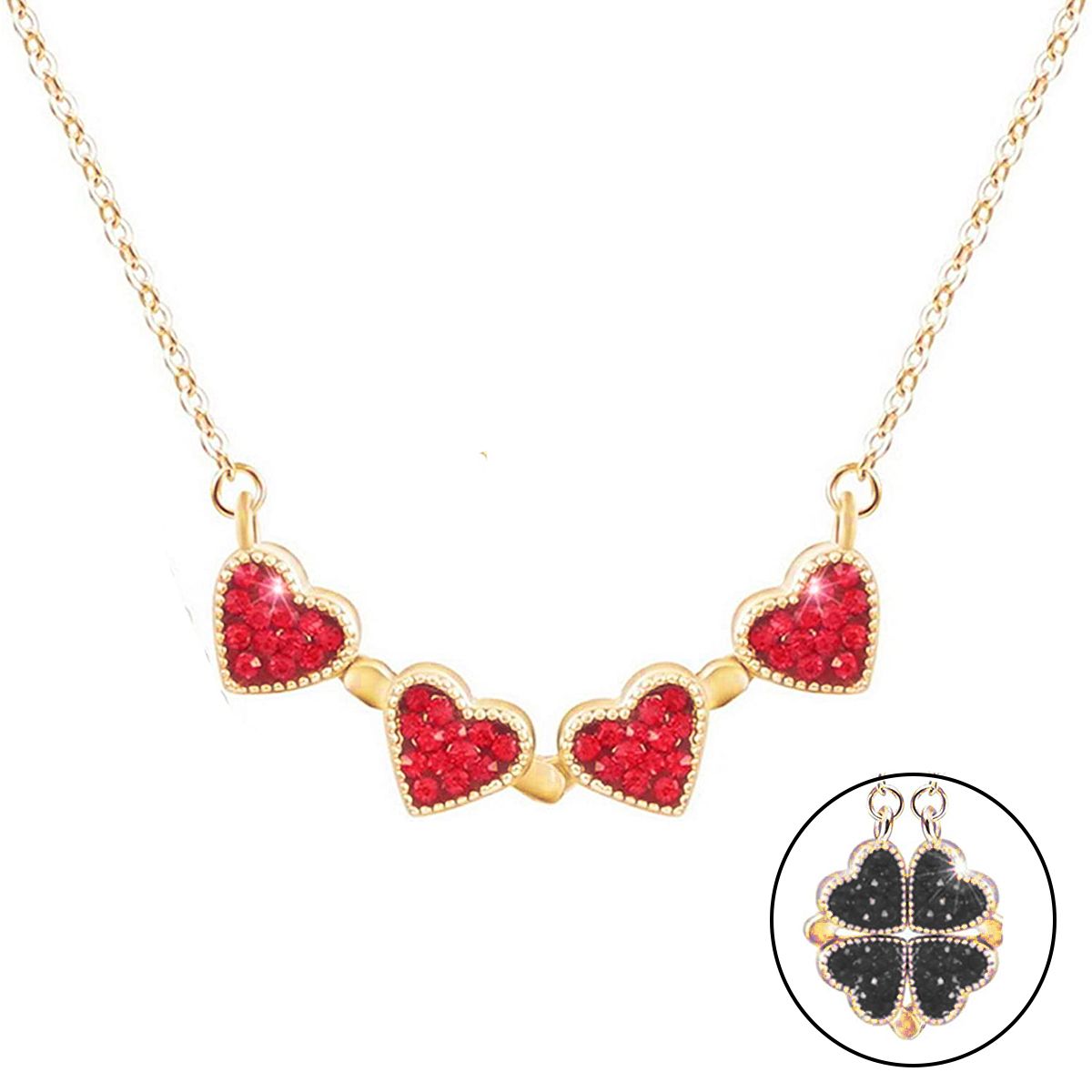 Clover Stainless Steel Cubic Zirconia Magnet Openable Necklace Pendant Chain Women Black Red