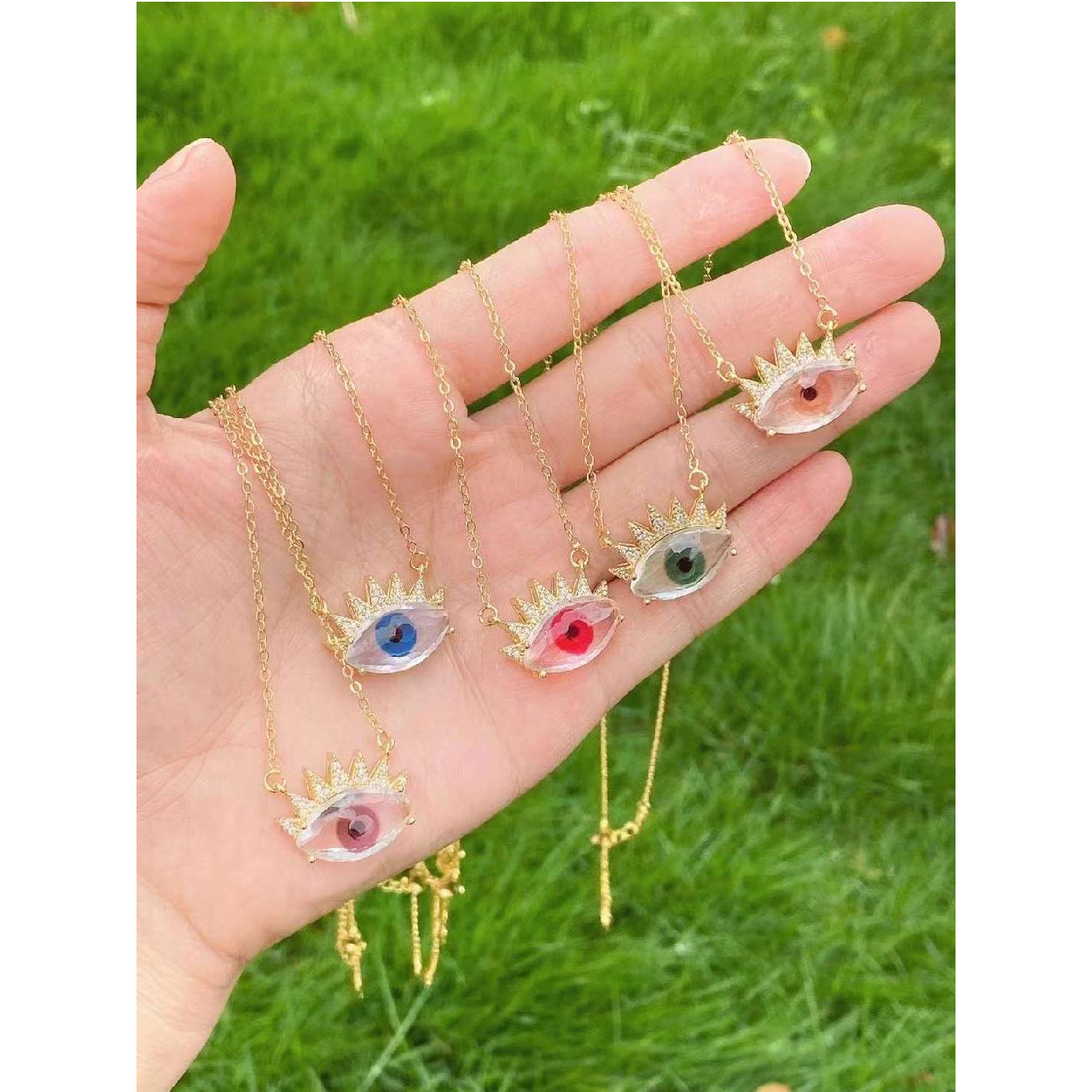 Evil Eye Eyelash Glass American Diamonds Copper Necklace Pendant Chain For Women
