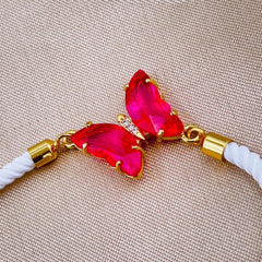Butterfly Copper Rani Pink White Crystal Thread Slider Bracelet Women