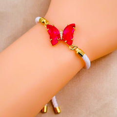 Butterfly Copper Rani Pink White Crystal Thread Slider Bracelet Women