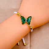 Butterfly Copper Green White Crystal Thread Slider Bracelet Women