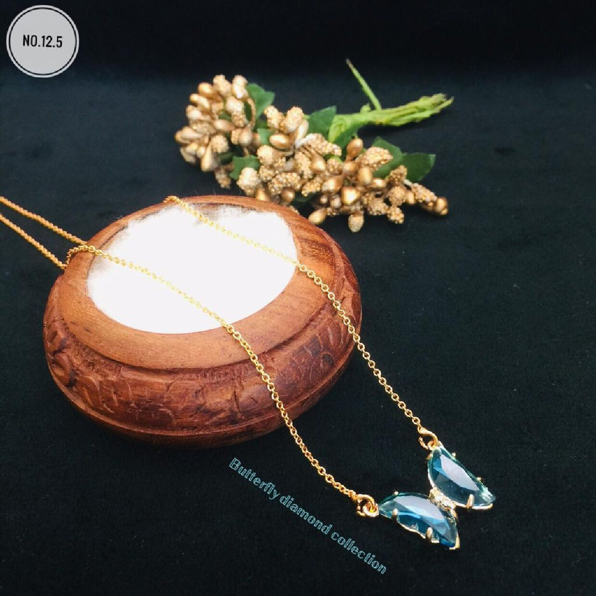 Copper Crystal Blue  Gold Butterfly Necklace Pendant Chain For Women