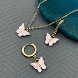 Butterfly Brass Gold White Enamel Pendant Chain Earring Set For Women