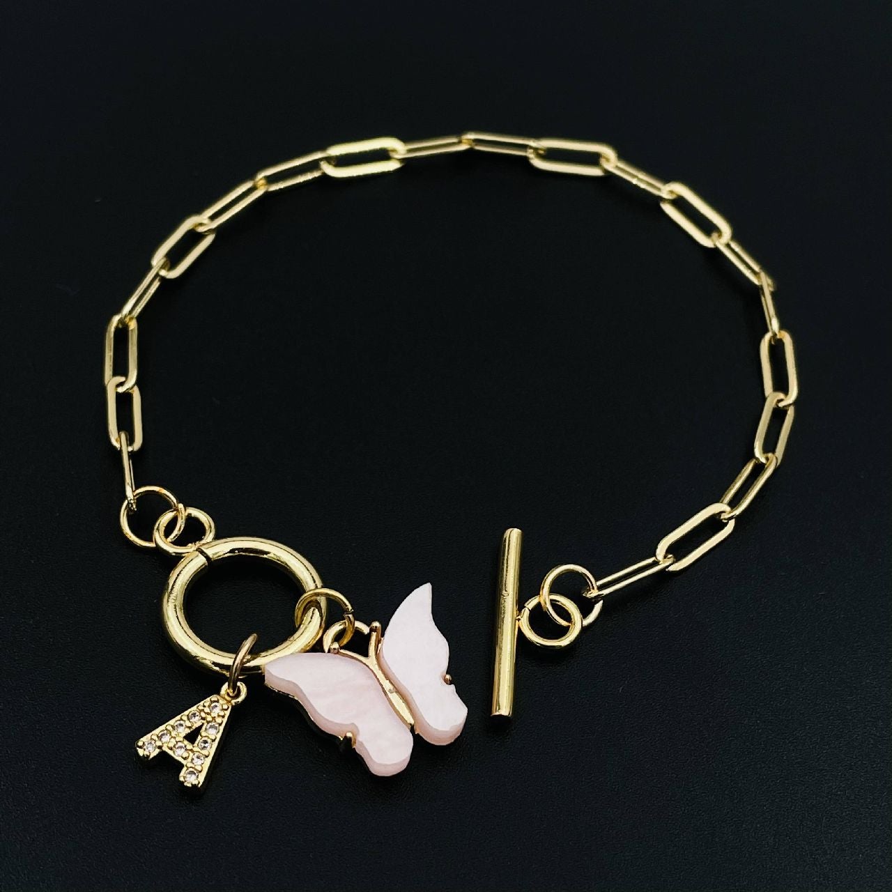 Copper Pink Gold Alphabet Initial Customized Letter Butterfly Charms Chain Link Bracelet For Women Girls