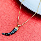 Copper Cubic Zirconia Black Gold Tooth Tusk Necklace Pendant Chain For Women Girls