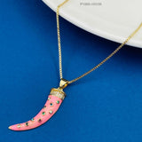 Copper Cubic Zirconia Pink Gold Tooth Tusk Necklace Pendant Chain For Women Girls