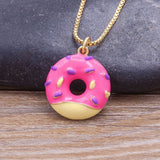 Copper Enamel Pink Yellow Gold Donut Necklace Pendant Chain For Women Girls