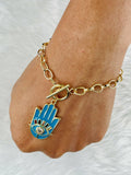 Copper American Diamonds Enamel Blue Black Gold Hamsa Charms Bracelet For Women Girls