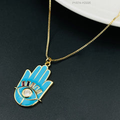 Copper Enamel Cubic Zirconia Blue Gold Evil Eye Necklace Pendant Chain For Women Girls