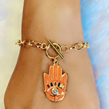 Copper American Diamonds Enamel Orange Gold Hamsa Charms Bracelet For Women Girls