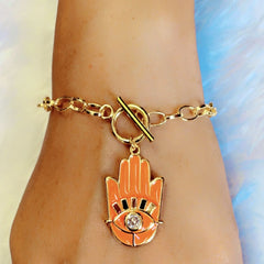 Copper American Diamonds Enamel Orange Gold Hamsa Charms Bracelet For Women Girls