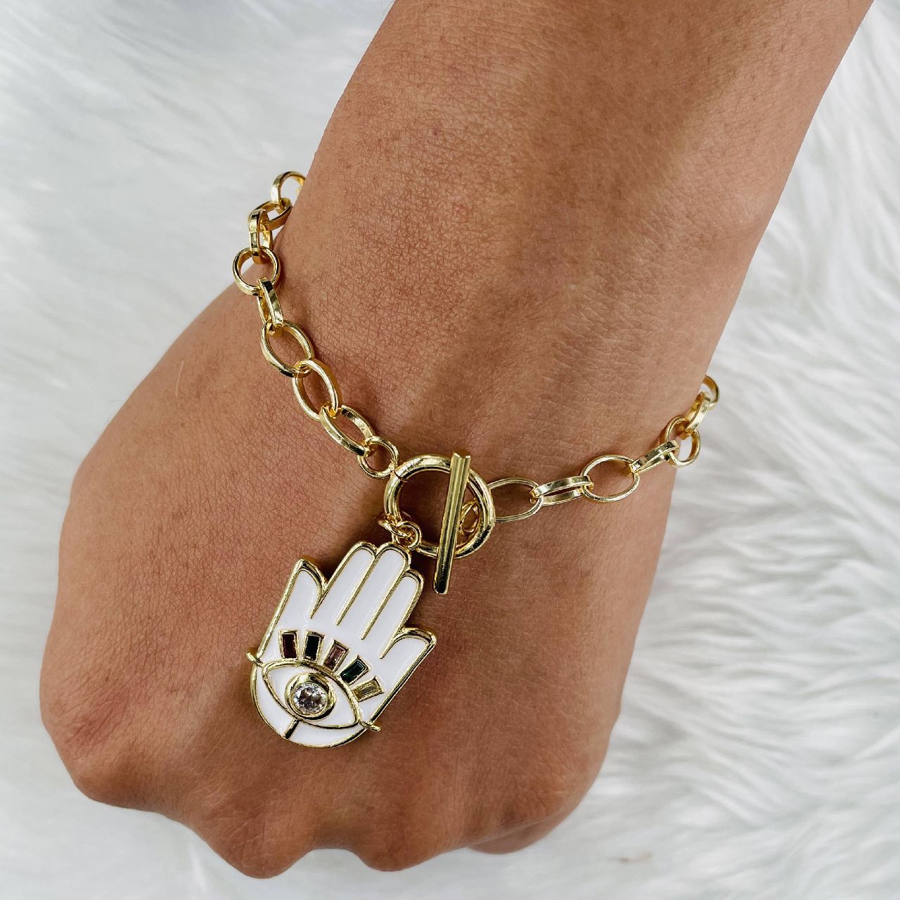 Copper American Diamonds Enamel White Gold Hamsa Charms Bracelet For Women Girls