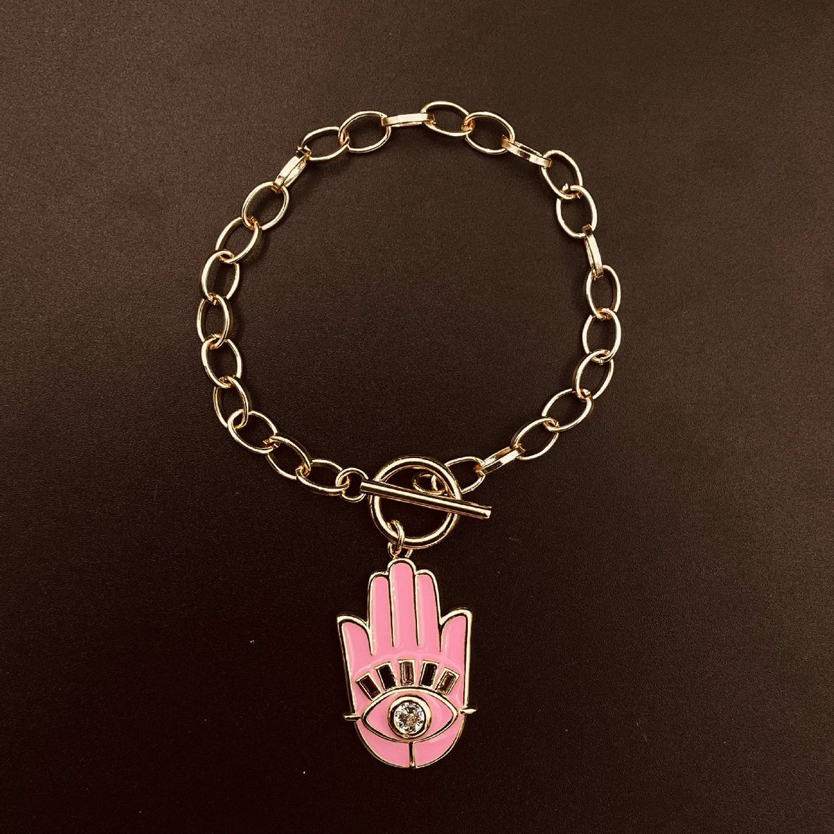 Copper American Diamonds Enamel Pink Gold Hamsa Charms Bracelet For Women Girls