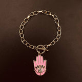 Copper American Diamonds Enamel Pink Gold Hamsa Charms Bracelet For Women Girls