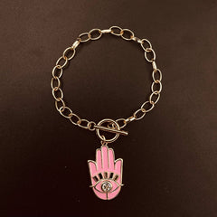 Copper American Diamonds Enamel Pink Gold Hamsa Charms Bracelet For Women Girls