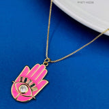 Copper Enamel Cubic Zirconia Pink Gold Evil Eye Necklace Pendant Chain For Women Girls