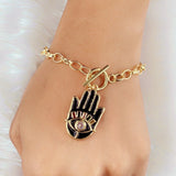 Copper American Diamonds Enamel Black Gold Hamsa Charms Bracelet For Women Girls