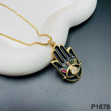 Hamsa Evil Eye Black Enamel Zircon 18K Gold Plated Necklace Pendant Chain For Women