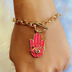 Copper American Diamonds Enamel Dark Pink Gold Hamsa Charms Bracelet For Women Girls