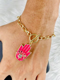 Copper American Diamonds Enamel Dark Pink Gold Hamsa Charms Bracelet For Women Girls