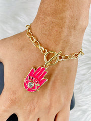 Copper American Diamonds Enamel Dark Pink Gold Hamsa Charms Bracelet For Women Girls