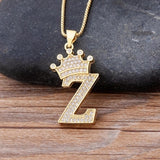 Crown Alphabet Letter A Gold American Diamond Copper Pendant Chain for Women