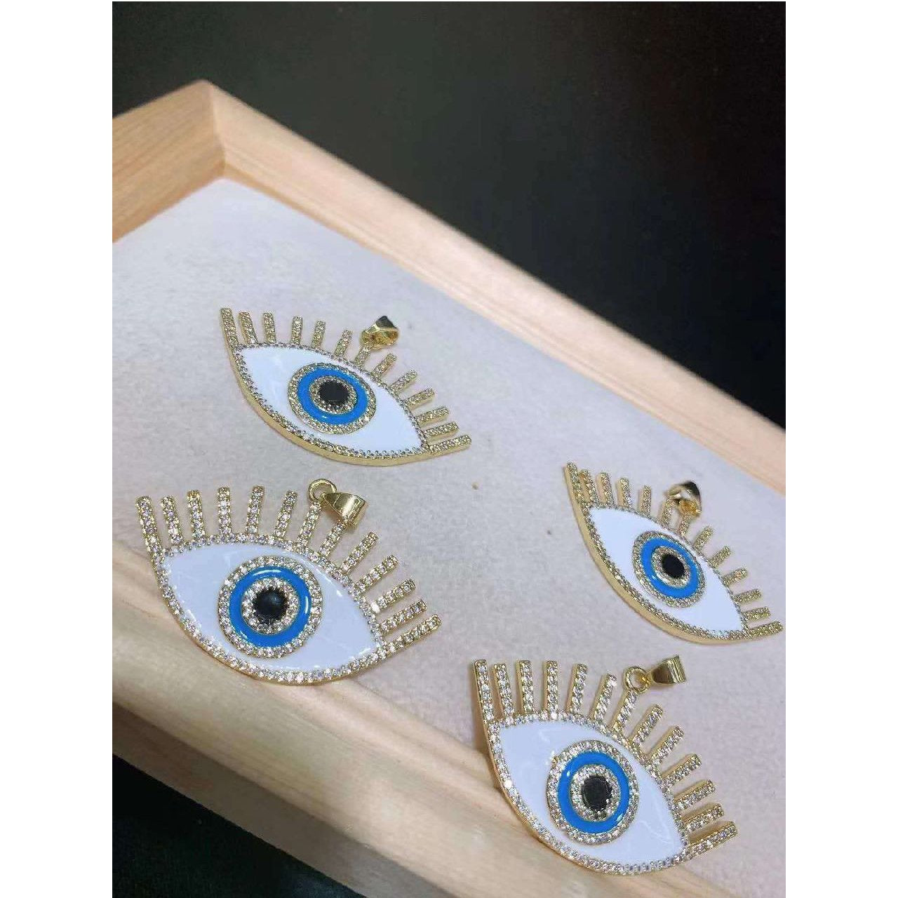 Evil Eye Eyelash White Enamel American Diamonds Copper Charm Pendant For Women