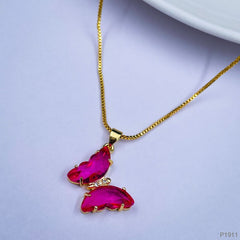 Copper Cubic Zirconia Crystal Pink Gold Butterfly Pendant Chain Women